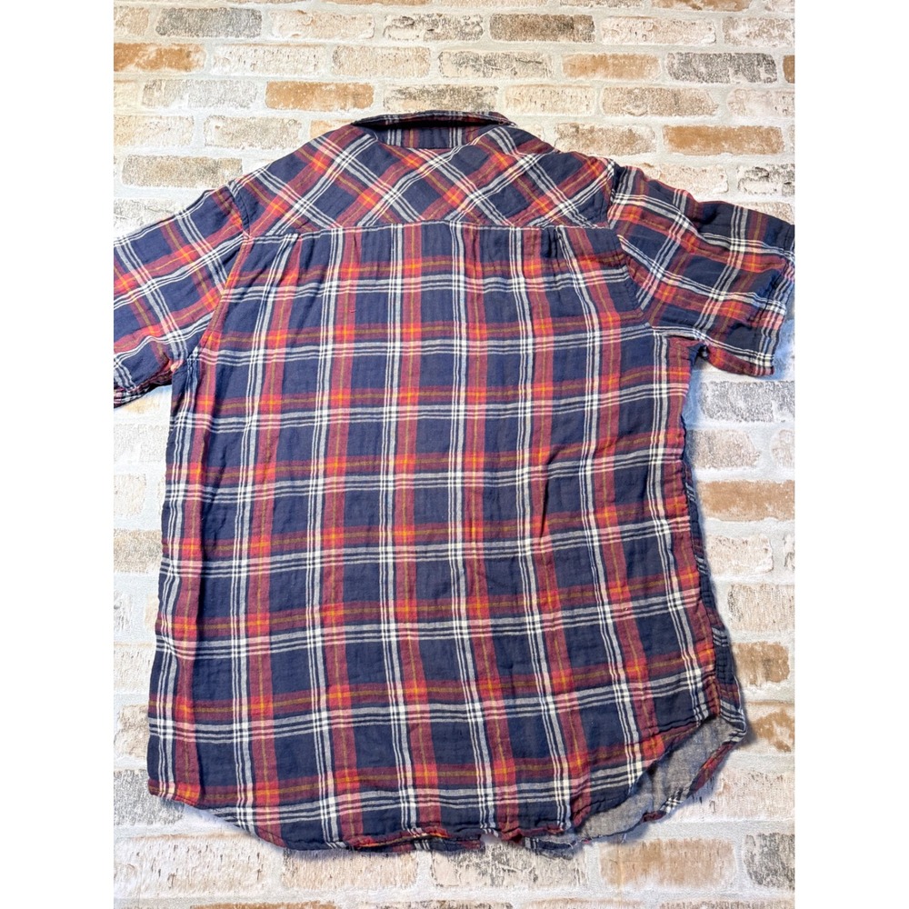 Carbon Mens XL Short Sleeve Plaid Button Down Shirt Navy Blue Red Cotton Casual - Picture 6 of 6